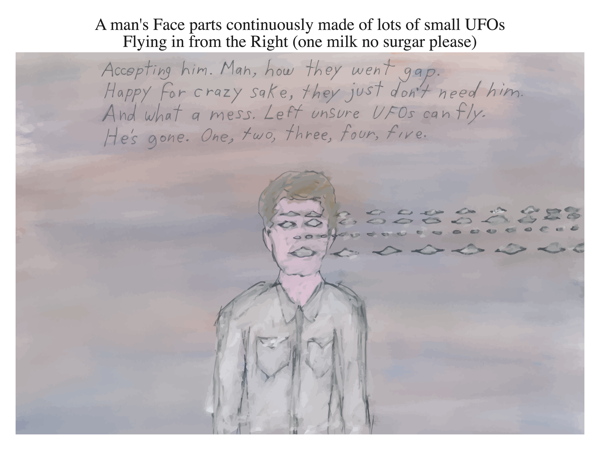 A man's Face parts continuously made of lots of small UFOs Flying in from the Right (one milk no surgar please)