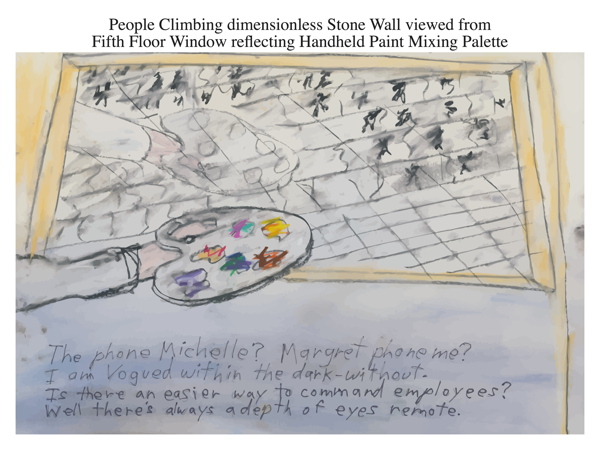 People Climbing dimensionless Stone Wall viewed from Fifth Floor Window reflecting Handheld Paint Mixing Palette