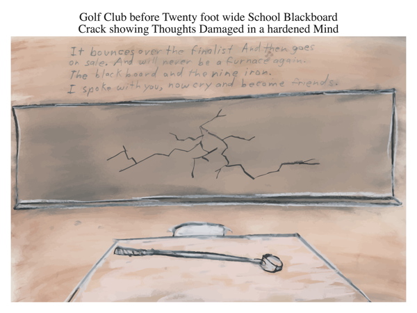 Golf Club before Twenty foot wide School Blackboard Crack showing Thoughts Damaged in a hardened Mind