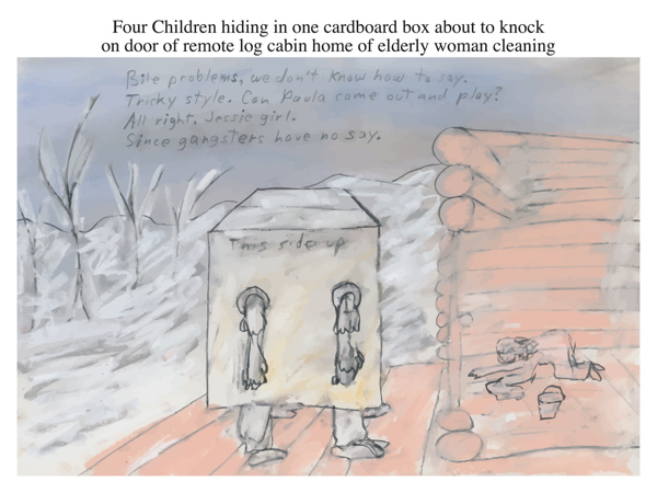 Four Children hiding in one cardboard box about to knock on door of remote log cabin home of elderly woman cleaning