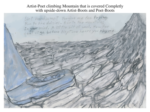 Artist-Poet climbing Mountain that is covered Completly with upside-down Artist-Boots and Poet-Boots
