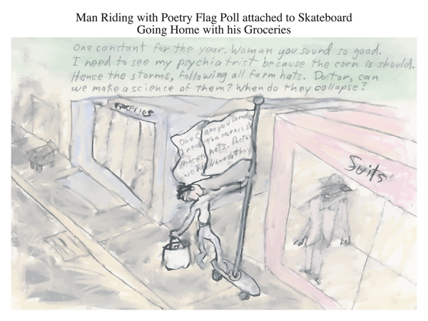 Man Riding with Poetry Flag Poll attached to Skateboard Going Home with his Groceries