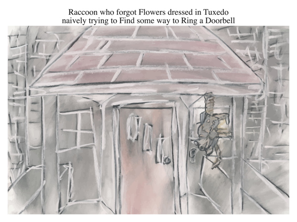 Raccoon who forgot Flowers dressed in Tuxedo naively trying to Find some way to Ring a Doorbell