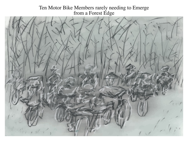 Ten Motor Bike Members rarely needing to Emerge from a Forest Edge