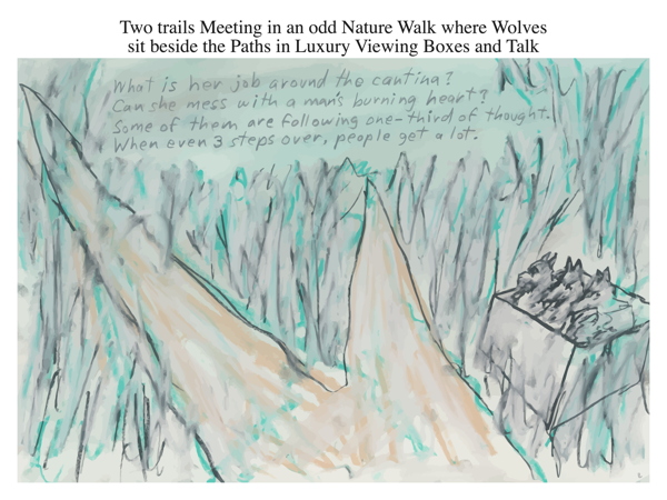 Two trails Meeting in an odd Nature Walk where Wolves sit beside the Paths in Luxury Viewing Boxes and Talk