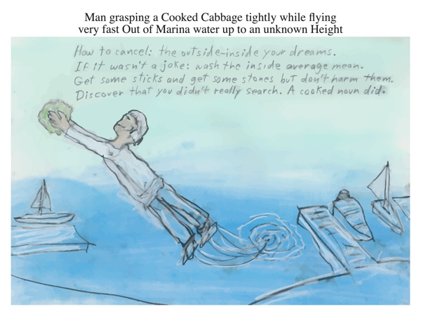 Man grasping a Cooked Cabbage tightly while flying very fast Out of Marina water up to an unknown Height