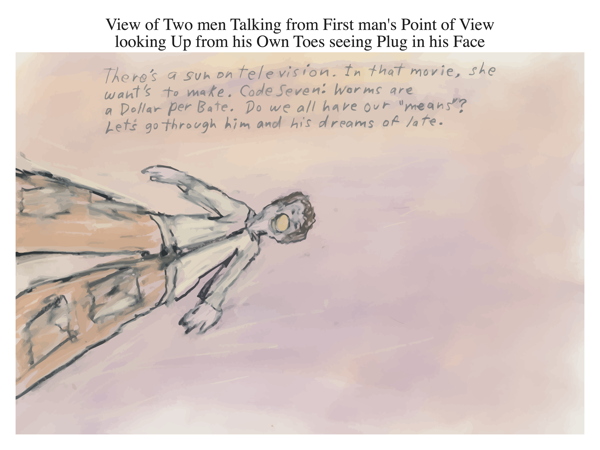 View of Two men Talking from First man's Point of View looking Up from his Own Toes seeing Plug in his Face