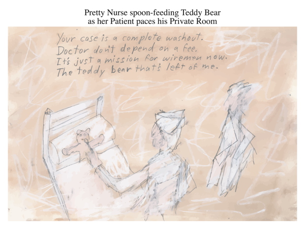 Pretty Nurse spoon-feeding Teddy Bear as her Patient paces his Private Room