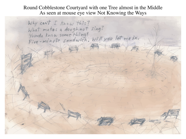 Round Cobblestone Courtyard with one Tree almost in the Middle As seen at mouse eye view Not Knowing the Ways