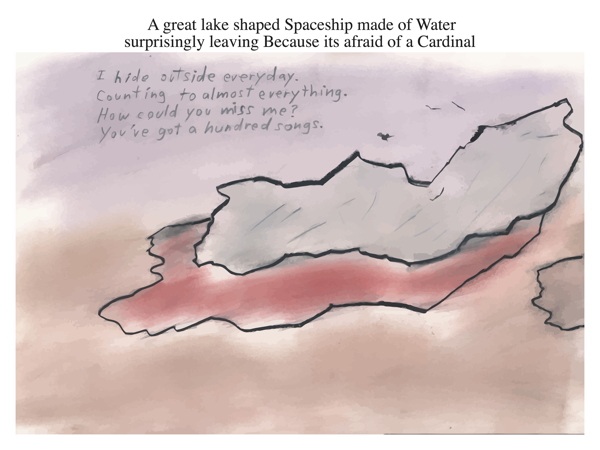 A great lake shaped Spaceship made of Water surprisingly leaving Because its afraid of a Cardinal