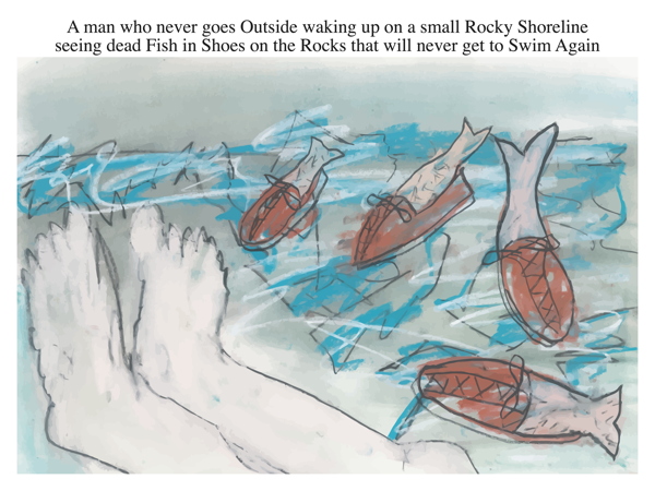 A man who never goes Outside waking up on a small Rocky Shoreline seeing dead Fish in Shoes on the Rocks that will never get to Swim Again