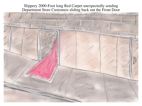 Slippery 2000-Foot long Red Carpet unexpectedly sending Department Store Customers sliding back out the Front Door