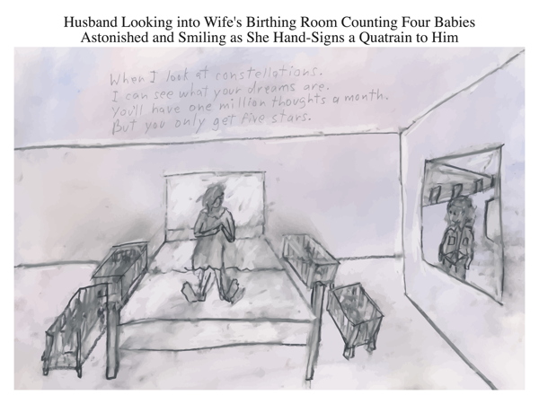 Husband Looking into Wife's Birthing Room Counting Four Babies Astonished and Smiling as She Hand-Signs a Quatrain to Him