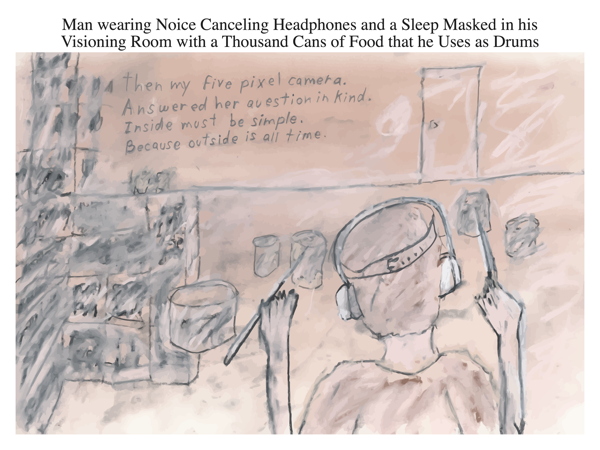Man wearing Noice Canceling Headphones and a Sleep Masked in his Visioning Room with a Thousand Cans of Food that he Uses as Drums