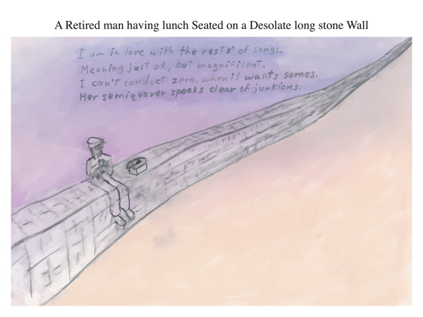 A Retired man having lunch Seated on a Desolate long stone Wall