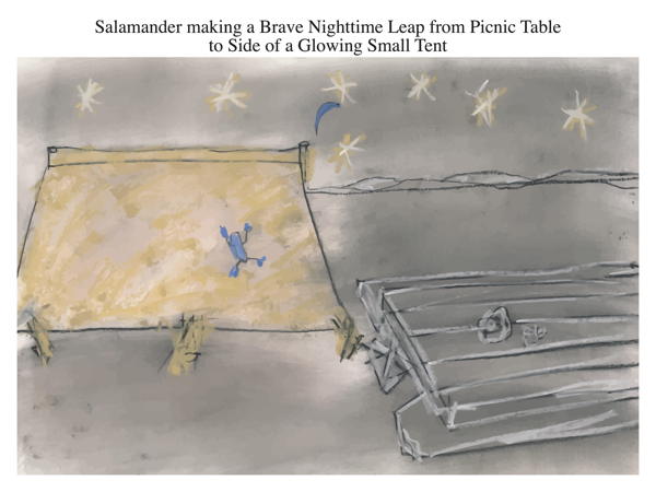 Salamander making a Brave Nighttime Leap from Picnic Table to Side of a Glowing Small Tent